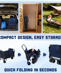 Heavy Duty Folding Wagon 2 In 1 Cart And Beach Chair with all-terrain wheels and easy folding design for compact storage.
