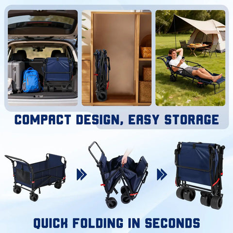 Heavy Duty Folding Wagon 2 In 1 Cart And Beach Chair with all-terrain wheels and easy folding design for compact storage.