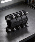 Easy No Tools Quick Install Pipe Repair Clamp Kit shown for 25mm 32mm and 63mm pipes in metal finish on workshop table