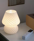 Glass Mushroom Bedside Lamp With Vintage Stripe Glass Delicate Nightstand Desk Light For Living Room And Bedroom USB Powered Night Light Adjustable Three Color Temperatures Cozy Vibe Home Decor, illuminated on a bedside table