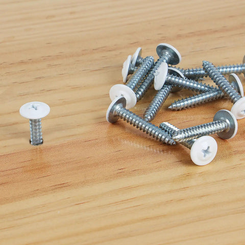 Heavy Duty White Truss Head Wood Screws 120 Piece Pack With Phillips Drive And Included Screwdriver Tool on wooden surface