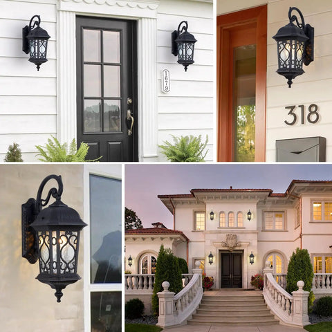 Collage of Large Outdoor Wall Light With Water Glass Shade, Black Waterproof Exterior Sconce on various home exteriors