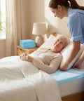 Caregiver placing Legit Super Absorbent 23 X 36 Inch Disposable Underpads For Adults Incontinence And Seniors Straight Up Leak Proof Overnight Bed Pads Heavy Duty Pee Pads For Multi Purpose Mattress Protection 40 Count on bed.