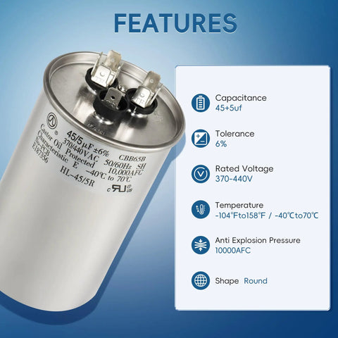 Dual Run 45 Plus 5 MFD AC Capacitor 440V For Heat Pumps And Air Conditioners Replaces 370V And 440V Units CBB65 Type