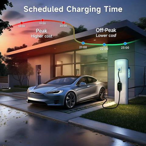 Type 2 Ev Charging Cable With Adjustable Amperage 6 To 32 Amps For Seven Point Two KW Home Wallboxes charging at home during scheduled times.