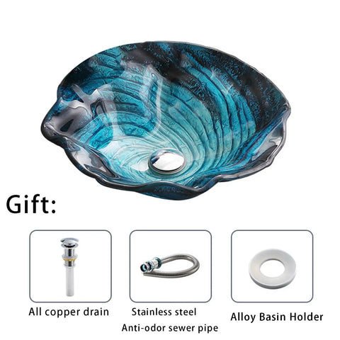 Bathroom Vessel Sink,Flower Shape Blue Vanity Sink Bowl,Countertop Tempered Glass Vessel Sink Combo For Bathrooms, close-up view.