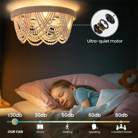 Stylish Boho Fandelier Ceiling Fan With Built In Light And Wireless Remote Six Speeds Low Profile Flush Mount Wood Beaded Detail over sleeping child.