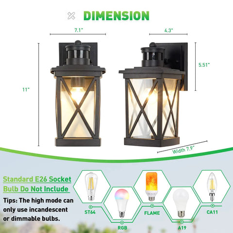 Dimensions of 2 Pack Outdoor Wall Lanterns With Motion Sensor And Dusk To Dawn, Matte Black Sconces With Clear Glass, PIR Activated.