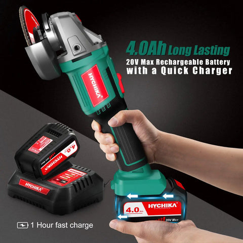 Person holding Cordless 18V Angle Grinder With 8500 RPM, 4.0Ah Battery, Fast Charger, Four And A Half Inch Discs, 3 Position Handle