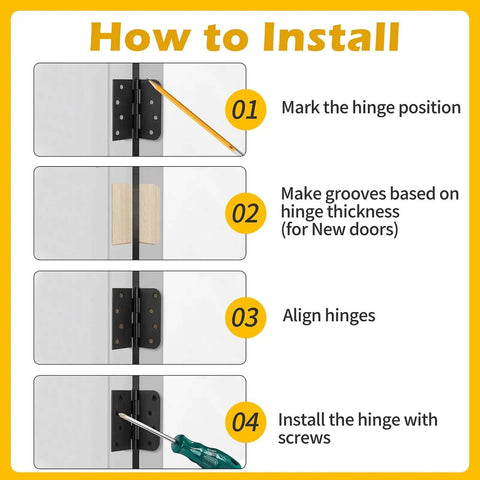 Installation steps for Built Tough Heavy Duty 4 Inch Black Exterior Door Hinges Three Pack With Removable Pin Square And Round Corner Design