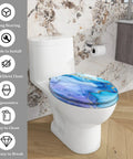 Toilet Seat Cover Elongated Quiet Close for Bathroom, blue marble design, easy to clean, fits standard toilets.