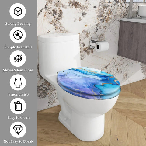 Toilet Seat Cover Elongated Quiet Close for Bathroom, blue marble design, easy to clean, fits standard toilets.