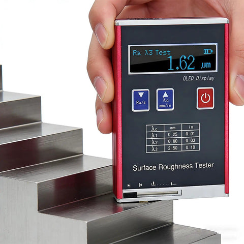 Portable Surface Roughness Tester Gauge With 0.01 μm Precision Provides Ra Rq Rz Rt Measurements From 0.05 To 15 μm And 0.1 To 50 μm in use on metal steps
