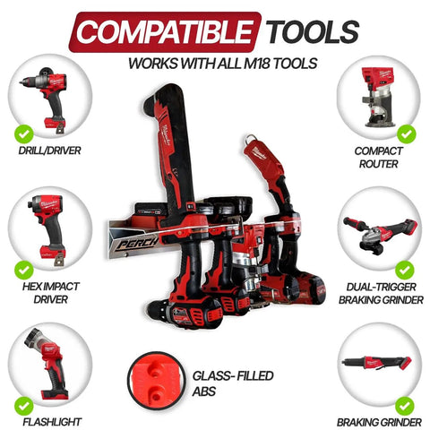 Universal M18 18V Tool Organizer Rack For Five Cordless Tools with compatible drills and drivers in home garage shop