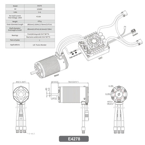 Technical drawing of 2250KV Sensored Brushless RC Car Motor For 1/8 Scale Monster Trucks, showing dimensions and components