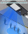 JUDYSSY 360W Solar Street Lights Outdoor motion sensor with radar sensing and LED flood light illuminating entrance.