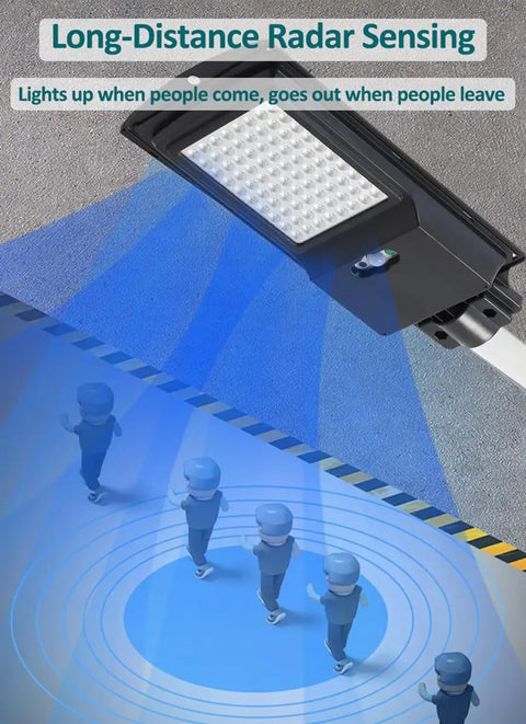 JUDYSSY 360W Solar Street Lights Outdoor motion sensor with radar sensing and LED flood light illuminating entrance.