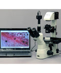 Inverted Trinocular Microscope With Long Working Distance And 40x-600x Magnification, WH10x Super Widefield Eyepieces Brightfield And Phase Contrast Objectives 30W Halogen Illumination, 0.3/0.5 NA Kohler Condenser, Mechanical Stage, 90-240V beside laptop display