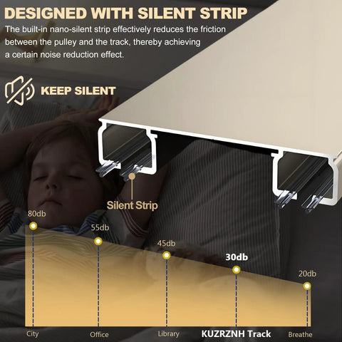 Easy Install Heavy Duty Aluminum Double Curtain Track System With Ceiling Mount Smooth Silent Sliding Rails For Drapes Room Dividers Living Room And Bedroom White Finish 2.3m 7.5ft Length, silent strip close-up