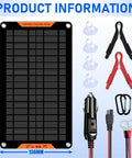 12V 10W Solar Car Battery Charger And Maintainer with Alligator Clip and Cigarette Lighter Plug, shown with dimensions and accessories