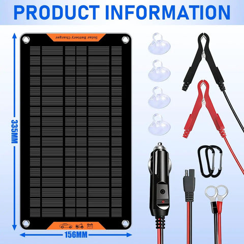 12V 10W Solar Car Battery Charger And Maintainer with Alligator Clip and Cigarette Lighter Plug, shown with dimensions and accessories