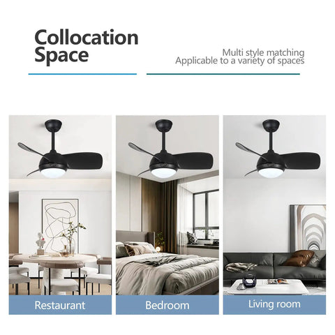 Three images showing a 30 Inch Matte Black Ceiling Fan With Lights in a restaurant, bedroom, and living room space.