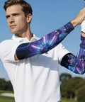 Ice Silk Arm Sleeves With Upf 50 Sun Protection And Cooling Compression To Keep You Chill During Backyard Hangouts Weekend Drives And Summer Workouts Without Breaking A Sweat For Men And Women worn by a man in a white polo shirt while golfing.