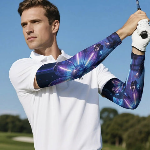 Ice Silk Arm Sleeves With Upf 50 Sun Protection And Cooling Compression To Keep You Chill During Backyard Hangouts Weekend Drives And Summer Workouts Without Breaking A Sweat For Men And Women worn by a man in a white polo shirt while golfing.