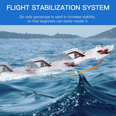 Amphibious RC Plane For Water Land And Air 3 Channel Remote Control Airplane Boat That Transforms Between Sea And Sky 2.4GHz Seaplane Glider showcasing flight stabilization over water.