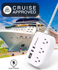 Flat Design Power Strip With USB Ports And 5 Foot Extension Cord, white surge protector by cruise ship, essential for travel.