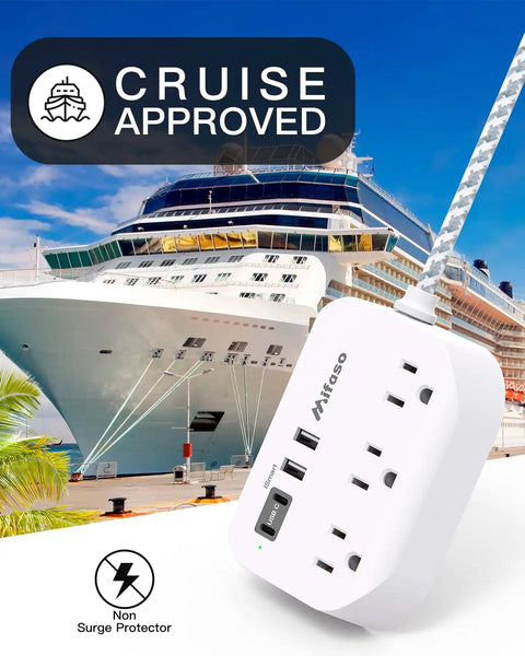 Flat Design Power Strip With USB Ports And 5 Foot Extension Cord, white surge protector by cruise ship, essential for travel.