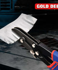Five Blade Hand Crimper For 22 To 28 Gauge Sheet Metal Duct Work Downspout And Stove Pipe Crimp Tool with ergonomic TPR handle in use