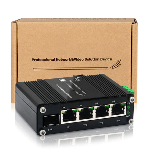 Beefed-Up Industrial Grade 4 Port Gigabit Ethernet Switch With SFP Slot DIN-Rail Mount Auto Sensing 10 100 1000 Mbps Boxed