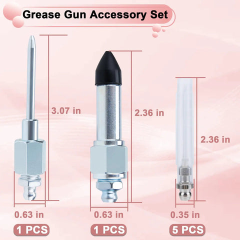 Image showing parts of 7Pcs Grease Gun Needle Tips Kit With 5 Nozzles, 1 Needle Dispenser, And 1 Rubber Adapter for tight spots.