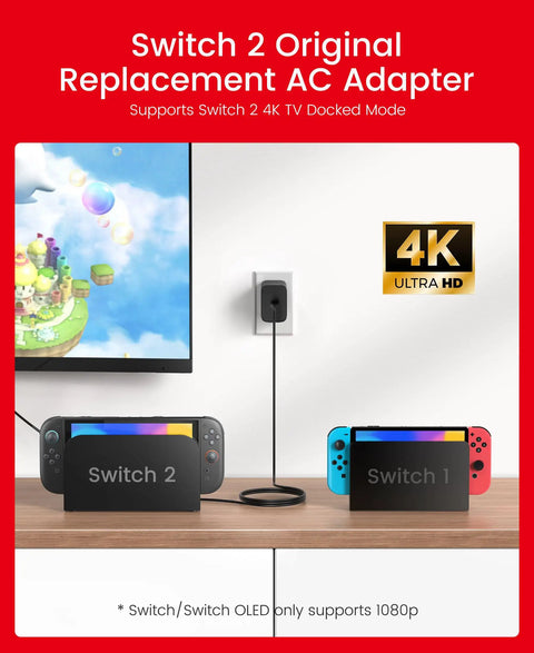 65W GaN3 AC Power Adapter Charger With 6.6 Ft Cable For Nintendo Switch Series OLED Lite Steam Deck OLED ROG Ally 4K TV Mode PD3.0 Game-Ready No-Fuss Fast Charge For PS4 Controller And Galaxy, wall outlet use