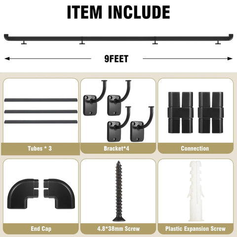 Assembly parts for Heavy Duty Black Pipe Stair Handrail For Indoor And Outdoor Steps Aluminum Metal Railing includes brackets, tubes, screws.
