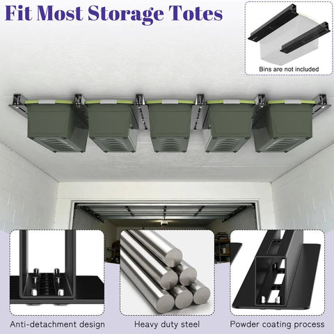 Garage Ceiling Storage Rack For Overhead Organization Boss Level, Heavy Duty Adjustable Bin System With 6 Sets shown installed