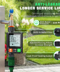 No-Fuss Ten Independent Hose Timers With 10 Programmable Programs, Auto Rain Delay, IP54 shown with LCD and leak-proof design features.