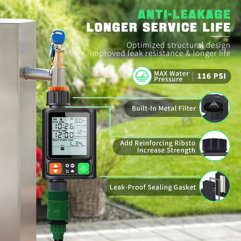 No-Fuss Ten Independent Hose Timers With 10 Programmable Programs, Auto Rain Delay, IP54 shown with LCD and leak-proof design features.