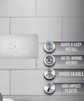 Paintable Masque 2000 1-Gang Decorator Wall Plate with features list on tiled wall