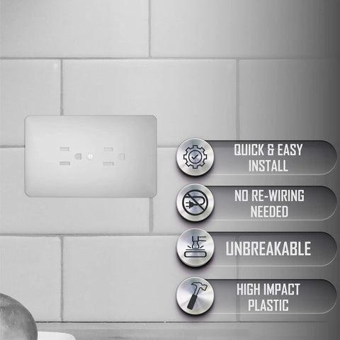 Paintable Masque 2000 1-Gang Decorator Wall Plate with features list on tiled wall