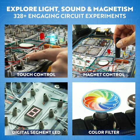 Advanced Electrical Circuit Board Kit For Kids With 328 STEM Projects showcasing experiments with touch and magnet controls, LEDs.