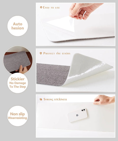 Non Slip Carpet Stair Treads That Grip Steps For Kids Seniors And Pets Self Adhesive 14 Piece Set 8 By 30 Inches Gray showing easy application and strong adhesion