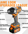 Bingoway 1/2 Inch Brushless Cordless Impact Wrench 900Nm High Torque 21V Electric Power Tool kit with battery and features displayed.