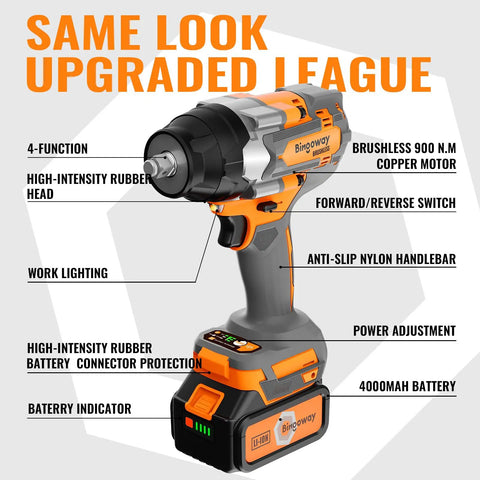 Bingoway 1/2 Inch Brushless Cordless Impact Wrench 900Nm High Torque 21V Electric Power Tool kit with battery and features displayed.