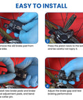 Installation guide for 4 Pairs Bike Disc Brake Pads With Installation Toolkit showing step-by-step instructions for brake pad replacement.