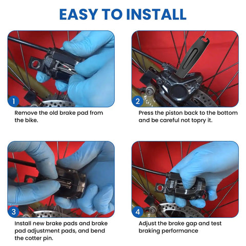 Installation guide for 4 Pairs Bike Disc Brake Pads With Installation Toolkit showing step-by-step instructions for brake pad replacement.