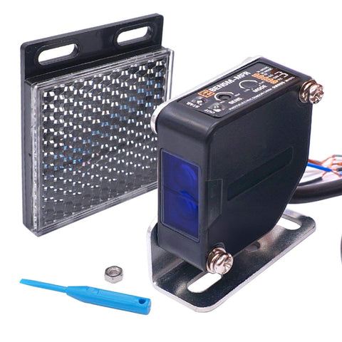 Indoor Wall Mounted Photoelectric Beam Sensor with dual voltage, retroreflective proximity switch, and green LED indicator, shown with a reflector.