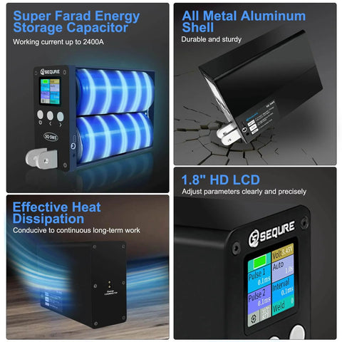 Collage showing 2500A Spot Welder For 18650 And 21700 Battery Packs with capacitor, aluminum shell, heat dissipation, and HD LCD.