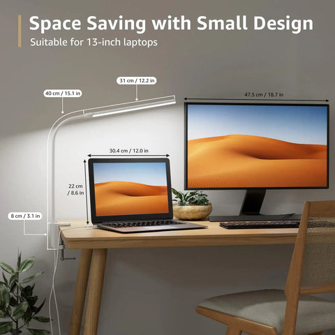 Space Saving Clip On Desk Lamp With Clamp USB Gooseneck Reading Light on modern desk with laptop and monitor